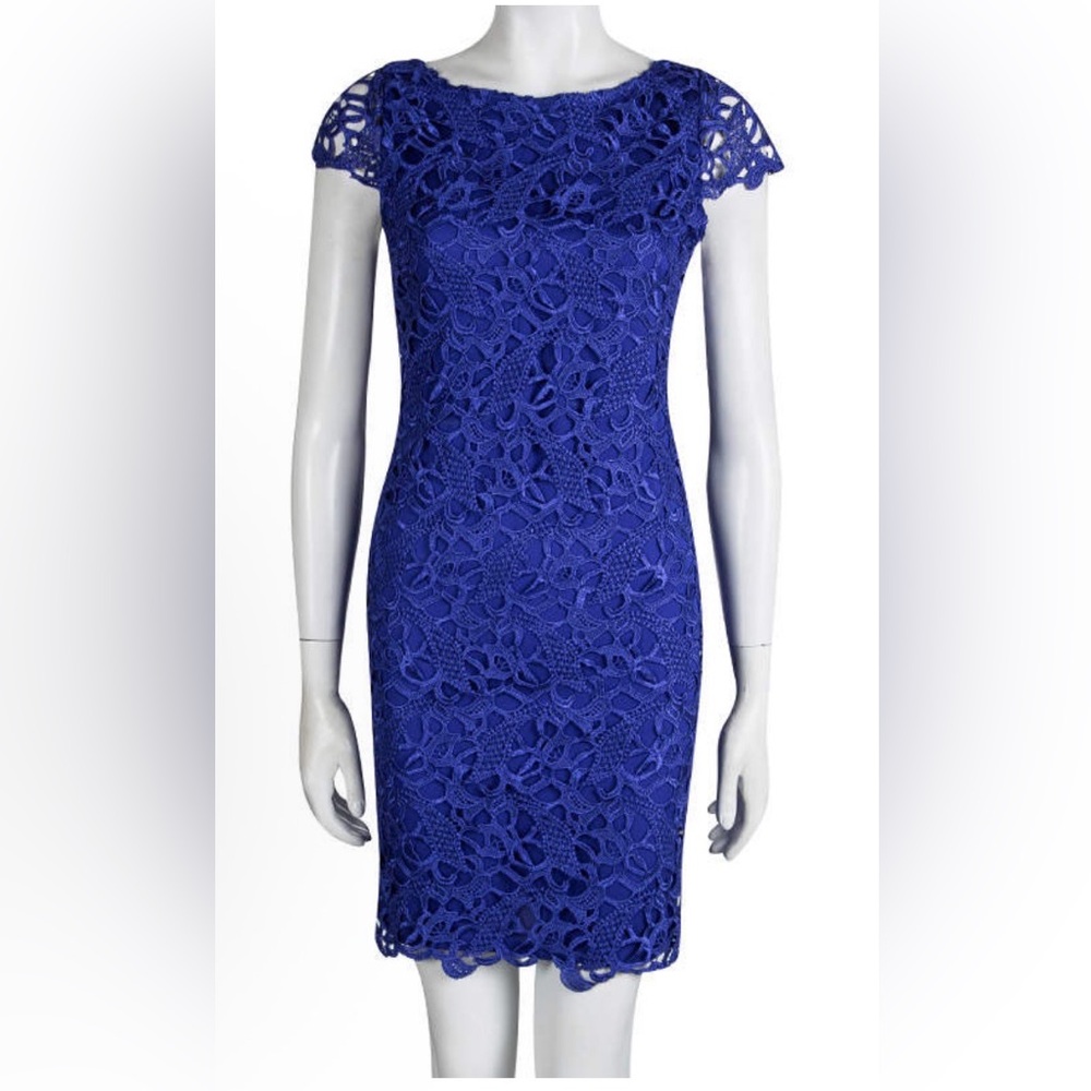 Alice + Olivia Royal Blue Cocktail Dress Lace Key Hole Back Size 6 Cap Sleeve